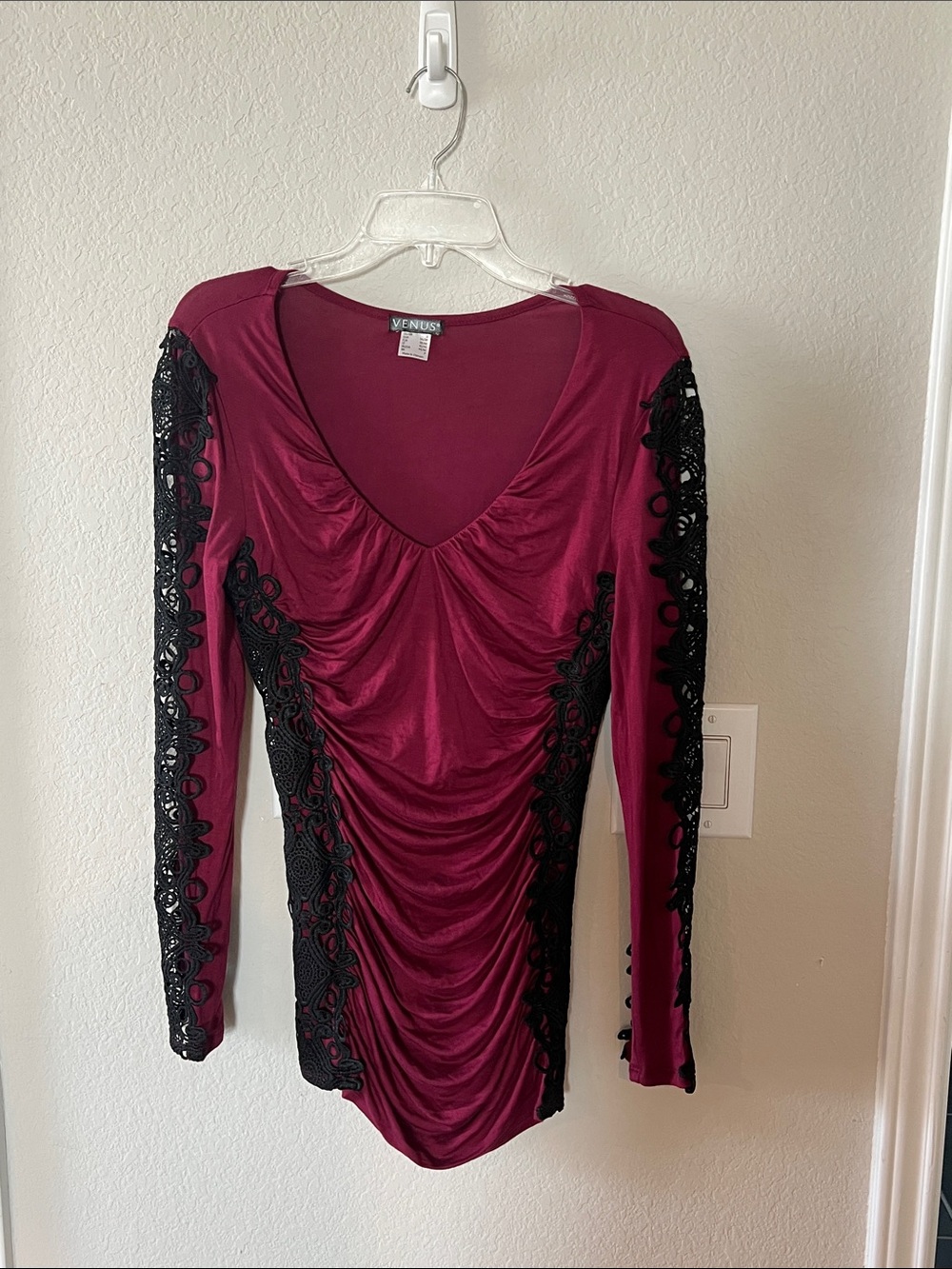 VENUS Wine Red Long Sleeve Top with Black Lace Accents- NWOT